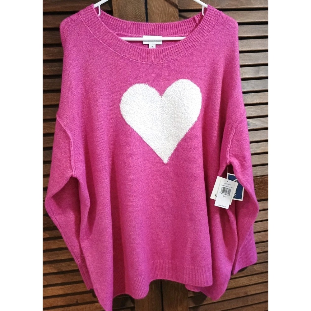 NWT CeCe Womens Fushia Pink Crewneck Sweater Sequined Heart Size 2X Valentines